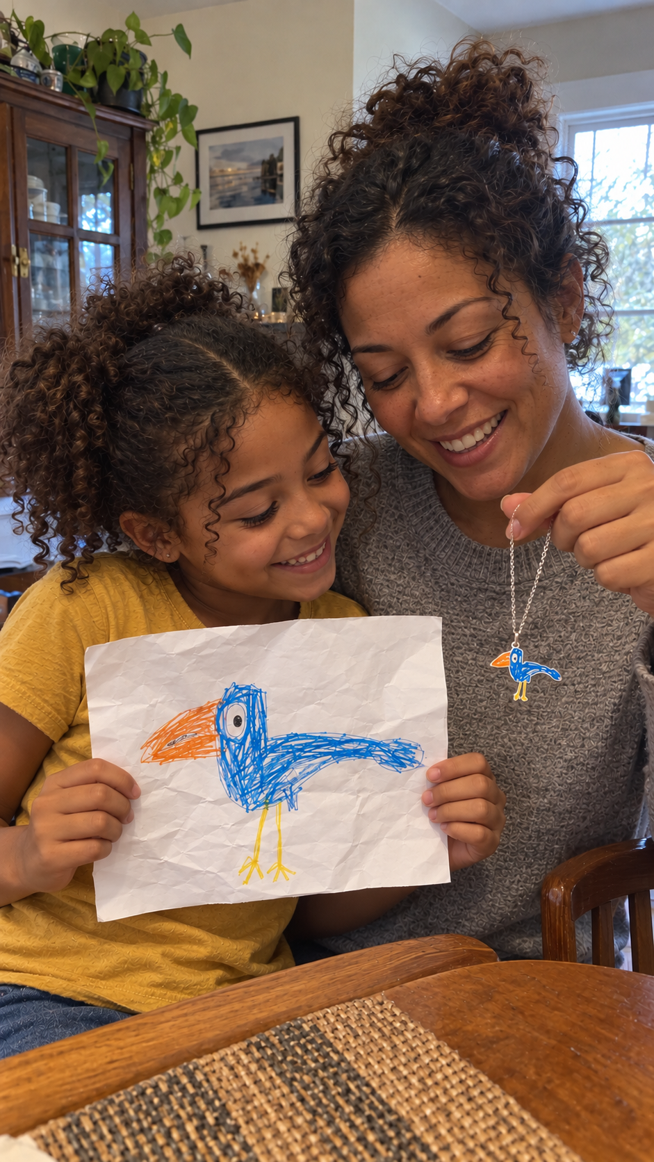 A mother and daughter with the daughter's bird drawing and its matching necklace